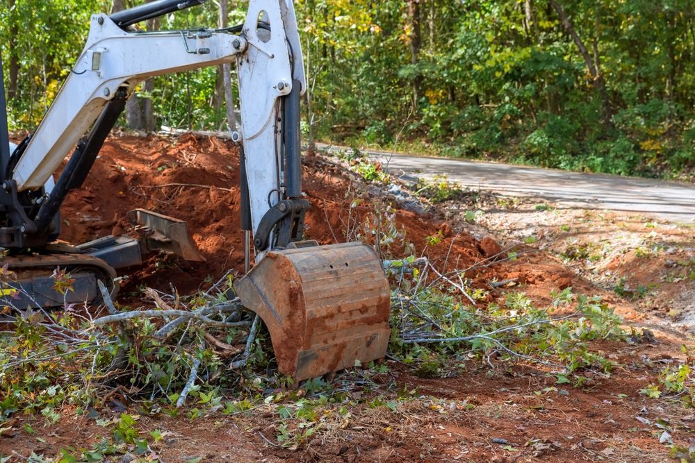 White excavator digging in reddish-brown soil, clearing brush near a path lined with trees.