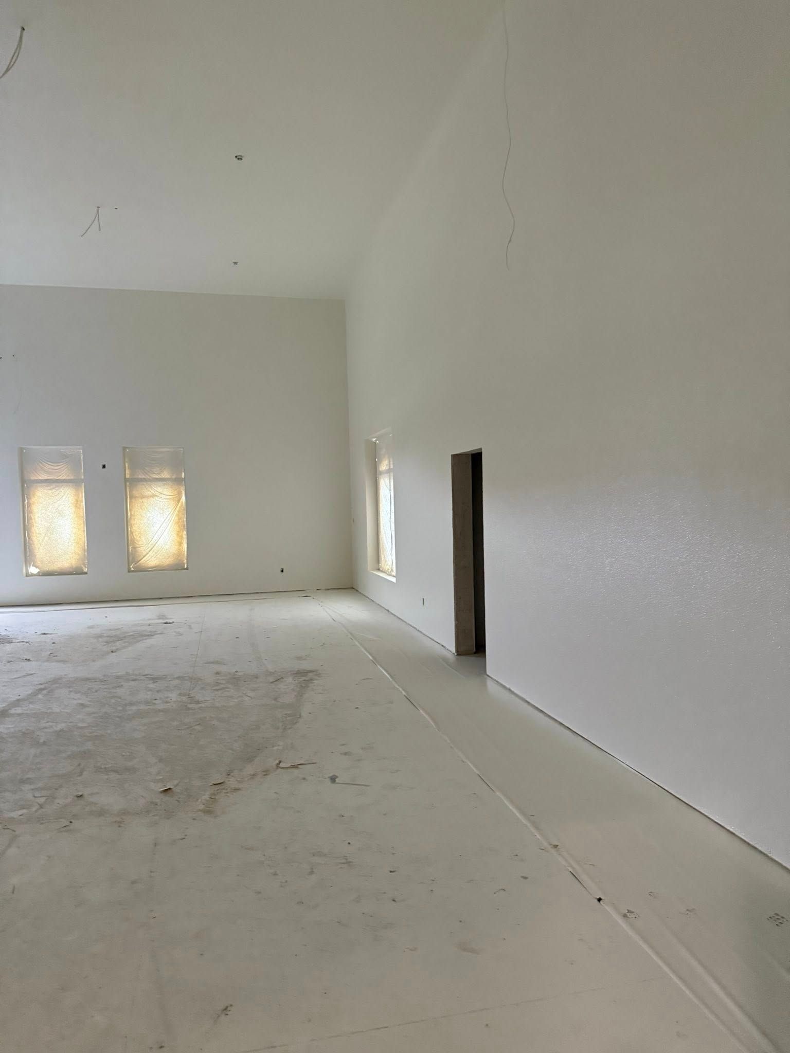 Empty room with white walls, tall ceiling, and three windows on the left side. A doorway on the right.