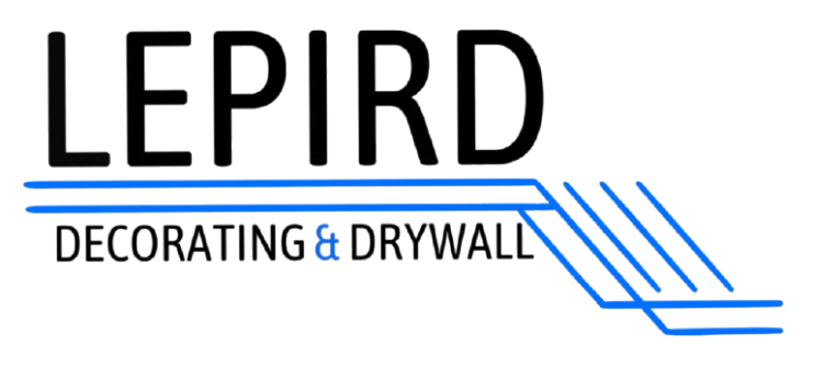 Logo for Lepird Decorating & Drywall, black text above blue lines and details.