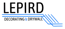 Logo for Lepird Decorating & Drywall, black text above blue lines and details.