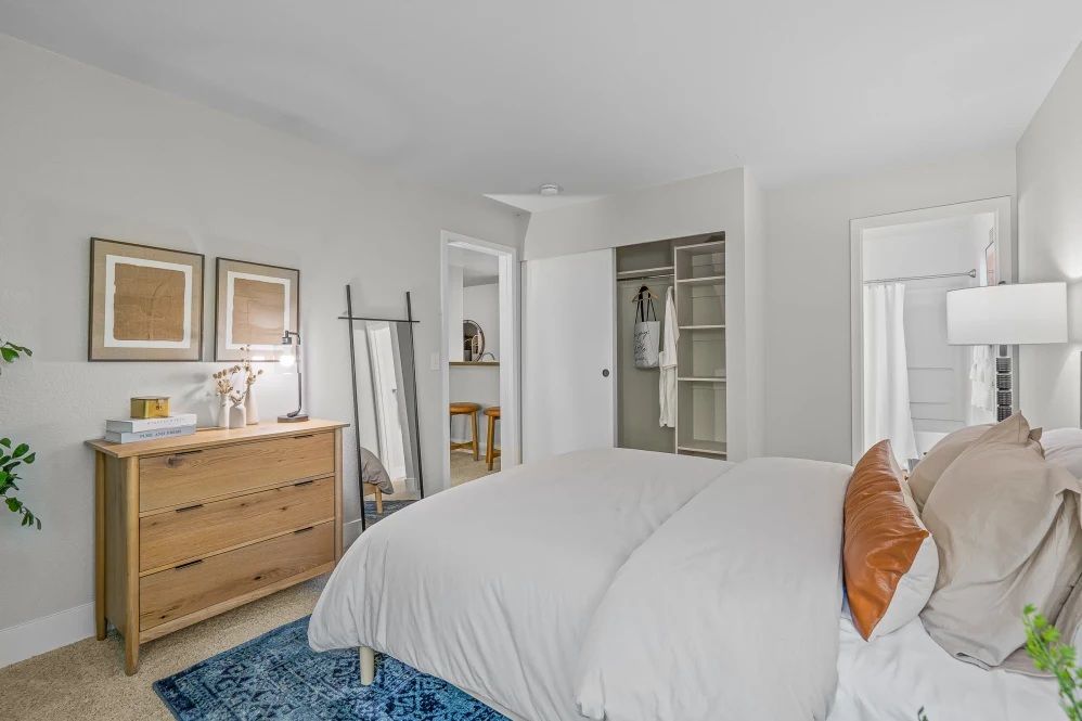 Bedroom with a bed, dresser, mirror, and closet; white walls, blue rug, and tan wooden furniture.