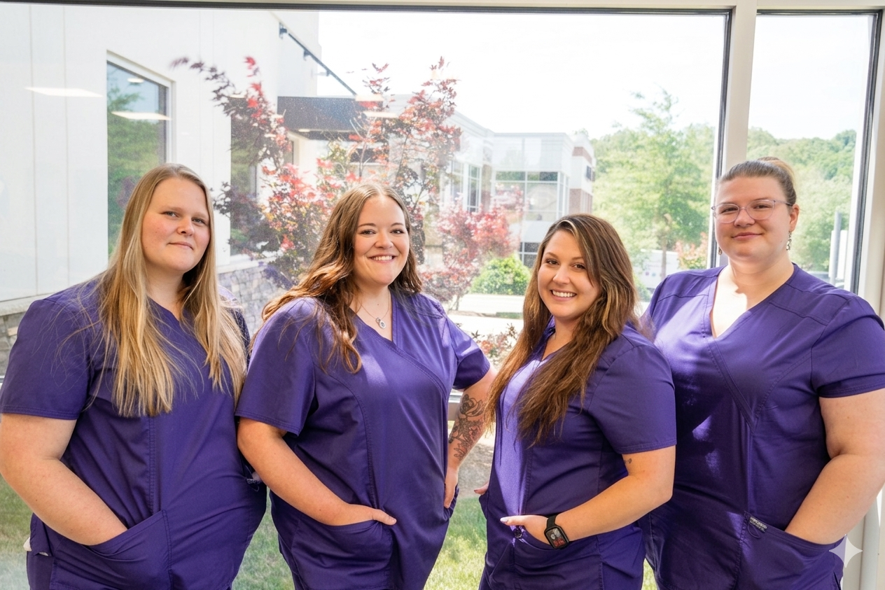 Five professionals in bright pink scrubs stand side-by-side smiling in a brightly lit office setting.
