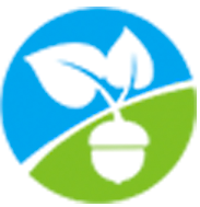A circular logo split diagonally by blue and green, featuring a white stylized acorn and two leaves.