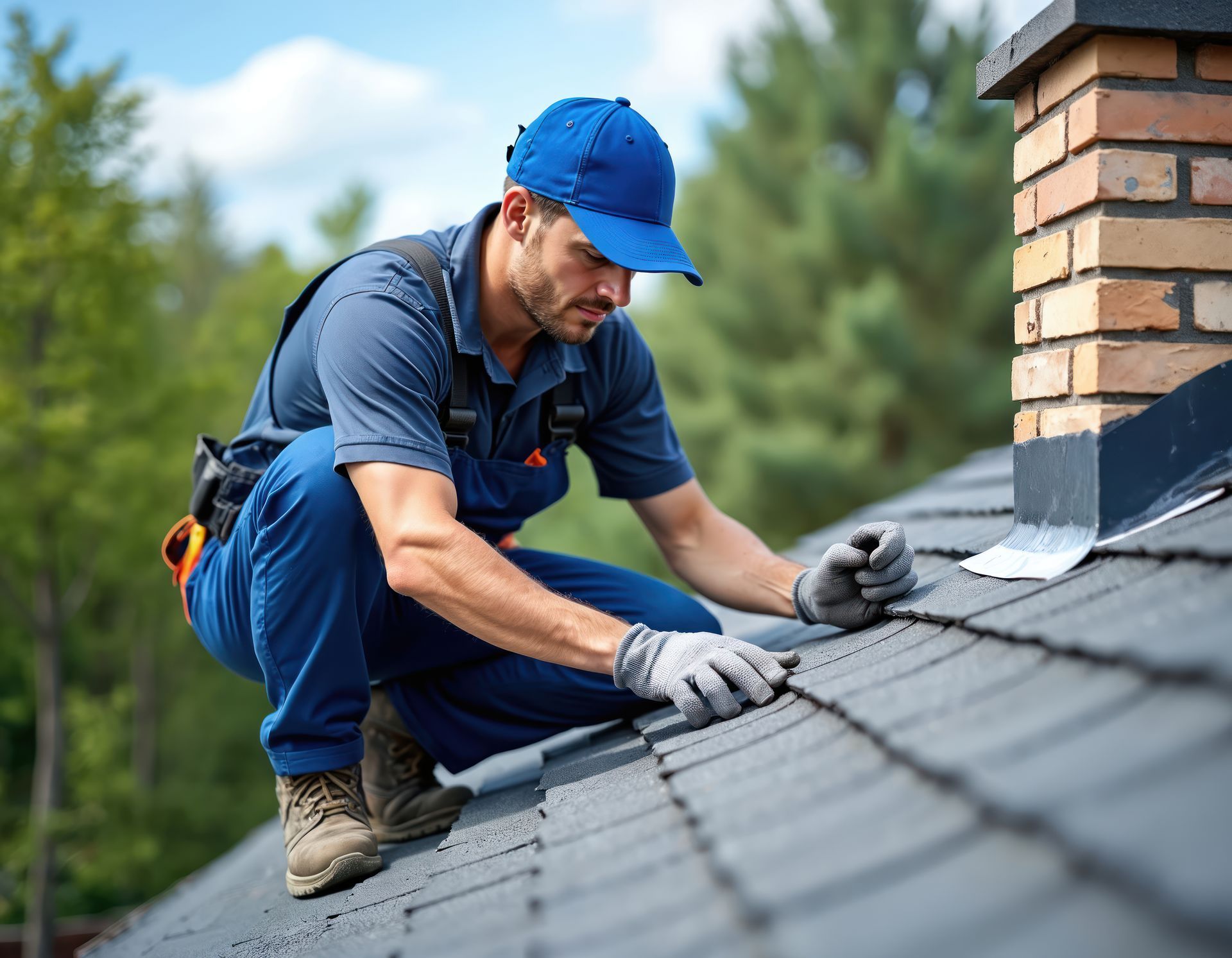 Roofer installing shingles next to a chimney on a sloped roof.
