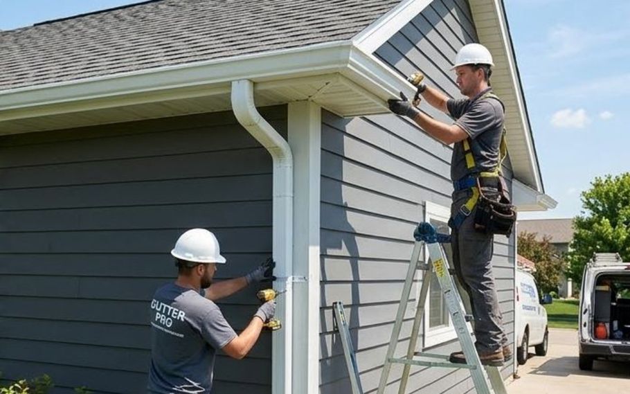 Two contractors installing a new white gutter system on a house.