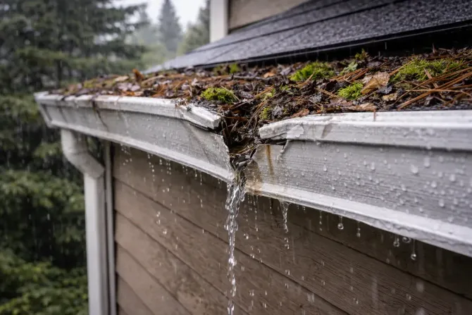 Overflowing rain gutter filled with wet leaves and moss