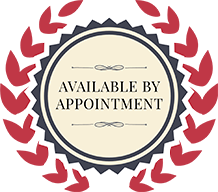 A badge that says `` available by appointment '' with a laurel wreath around it.