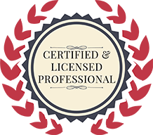 A certified and licensed professional badge with a laurel wreath around it.