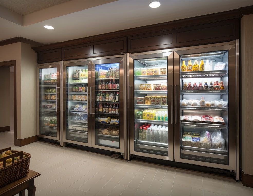 A row of refrigerators filled with lots of food and drinks.