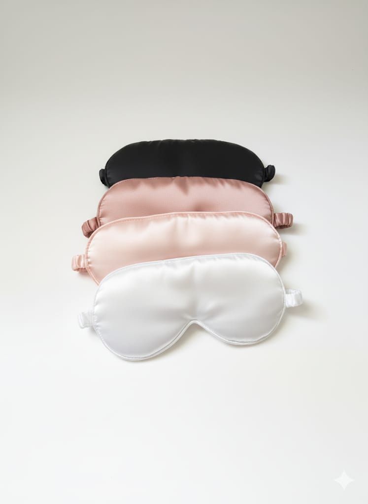 Cuatro máscaras de seda para dormir en color negro, rosa, rosa y blanco apiladas sobre una superficie blanca.