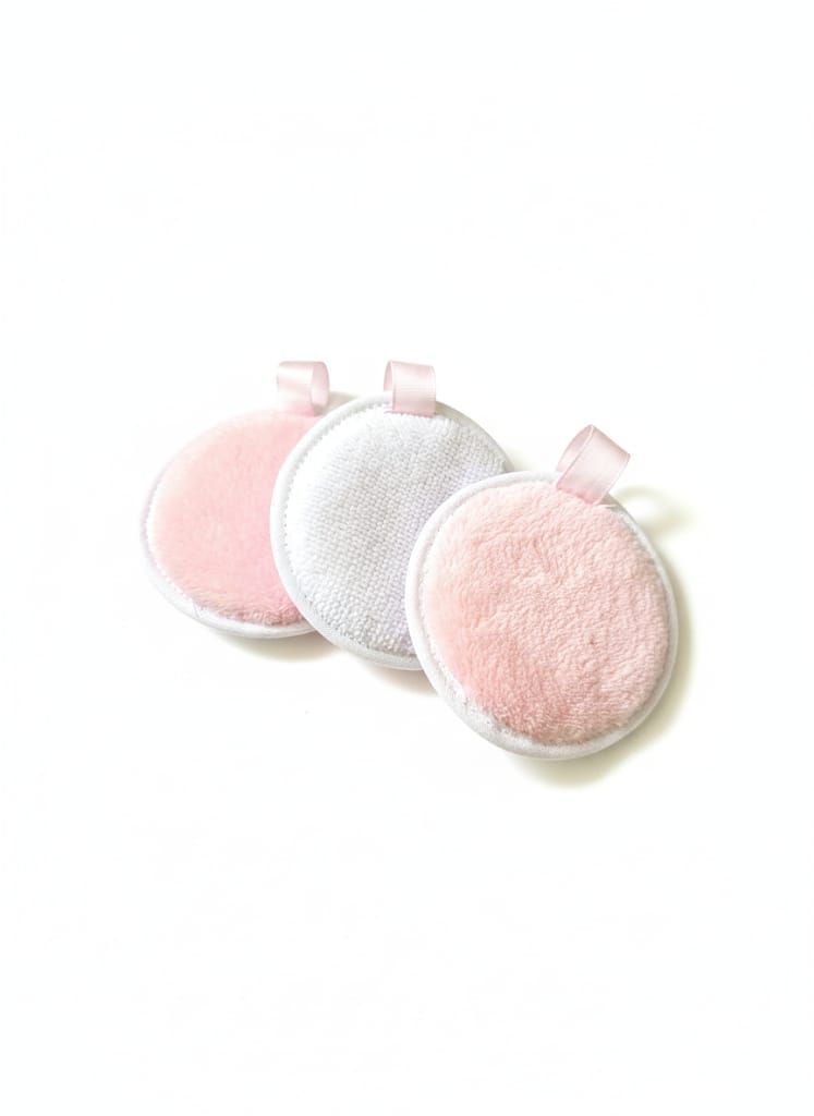 Tres discos desmaquillantes circulares y reutilizables, de color rosa y gris, con lazos adjuntos.