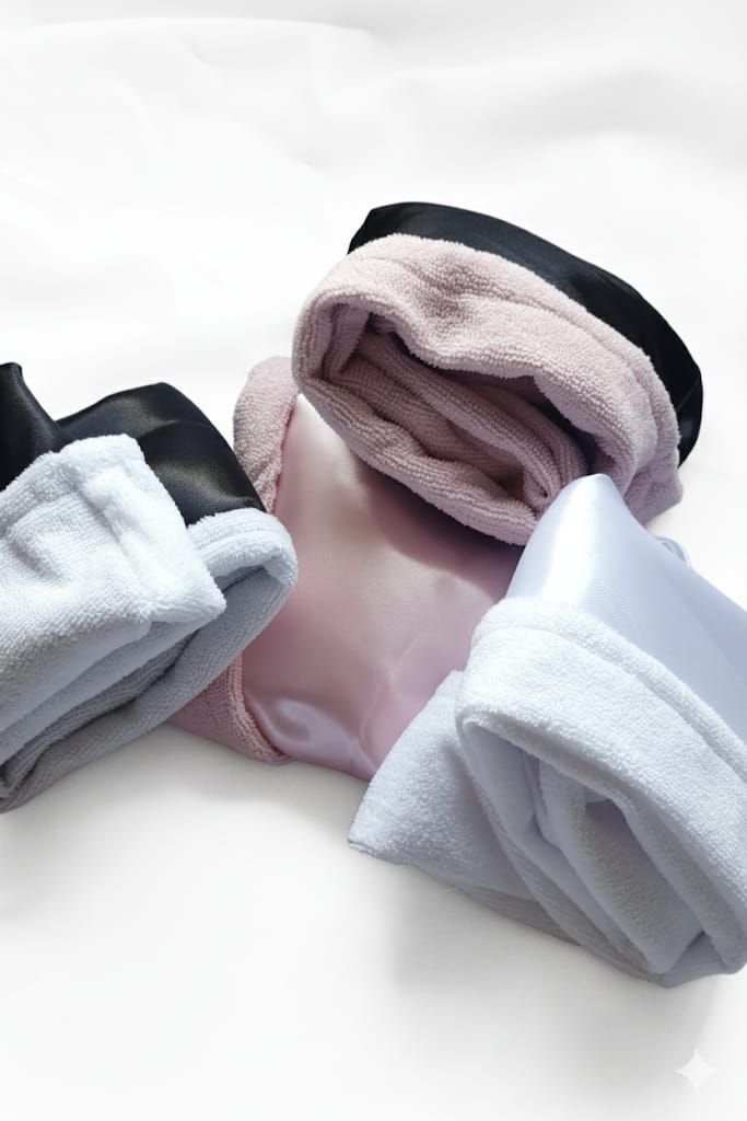 Cuatro toallas de microfibra para el cabello, en color negro, rosa, blanco y negro, colgadas juntas.