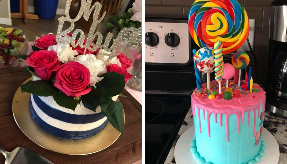 Two decorated celebration cakes: one with roses and “Oh Baby” topper, one colorful drip cake with lollipops