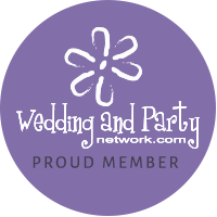Purple circular WeddingAndParty network.com proud member badge with white flower icon and text