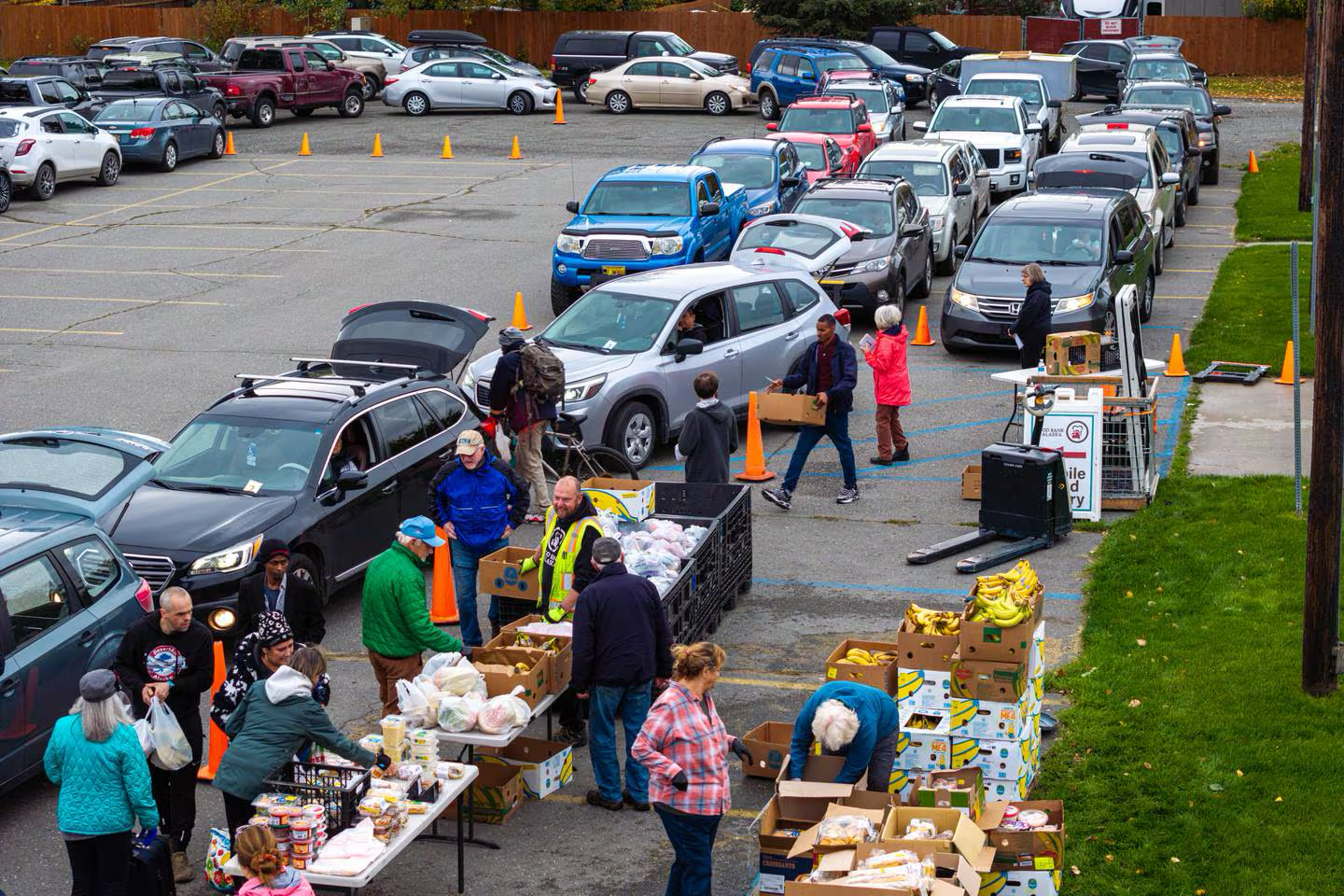 Cars in line for food distribution; volunteers loading boxes of goods.