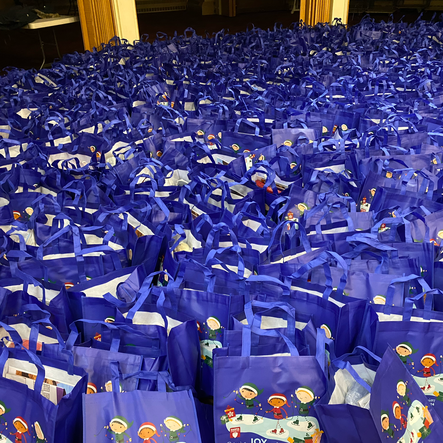 Blue tote bags filled and arranged on the floor in a large room.