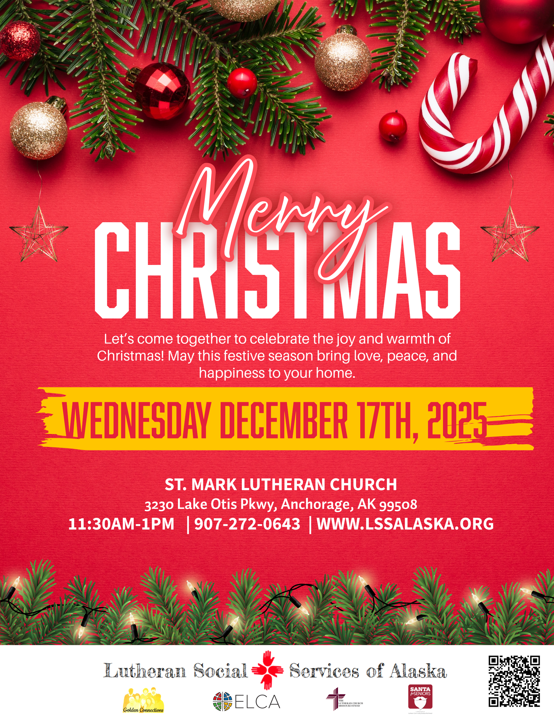Poster for a Christmas gathering at St. Mark Lutheran Church. It offers carols, crafts, and cocoa on December 3 at 11:30 AM.