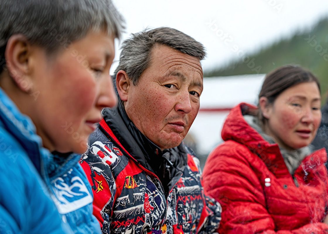 Three people bundled in jackets; the man in the center is looking at the camera.