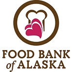Food Bank of Alaska logo: bread-shaped outline with two overlapping pink hearts inside a brown circle.