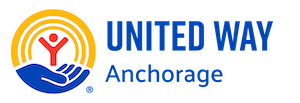 United Way Anchorage logo: a person in red within a yellow rainbow held by a blue hand.