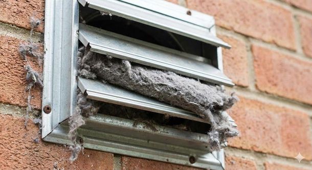 Clogged dryer vent on a brick wall, with a large build-up of lint blocking the opening.