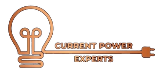 A copper-colored logo showing a lightbulb integrated into an electrical cord, with the text "CURRENT POWER EXPERTS."