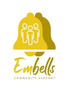 A yellow logo for embells community support