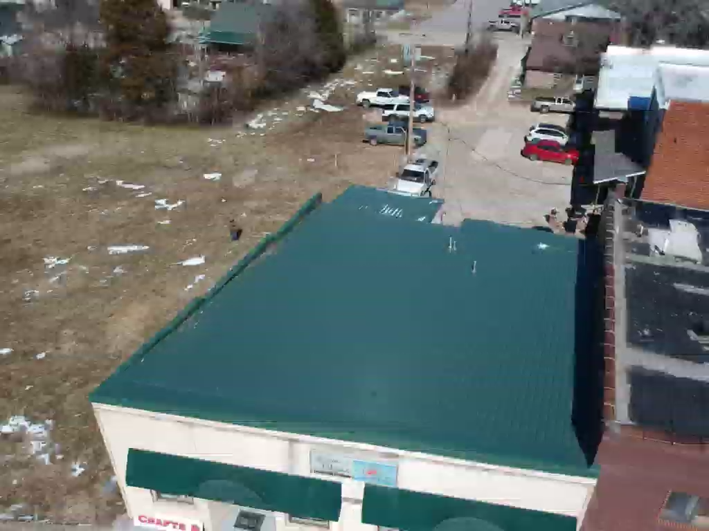 Green metal roof on business