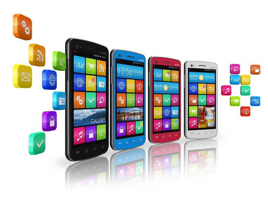 Four smartphones with colorful app icons, with floating apps on a white background.