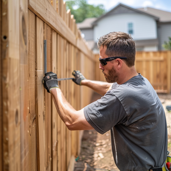 a man is measuring a wooden fence with a tape measure .