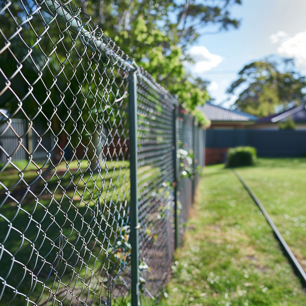 a chain link fence surrounds a lush green yard .