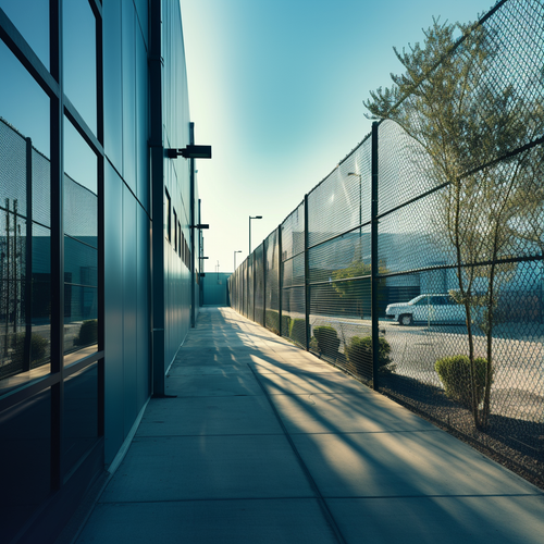 a walkway between two buildings with a chain link fence