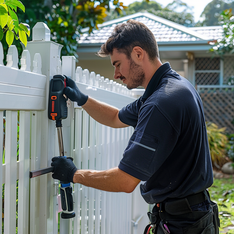 a man is working on a white picket fence with a drill.