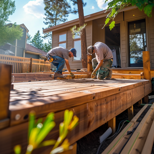 two men are working on a wooden deck in front of a house