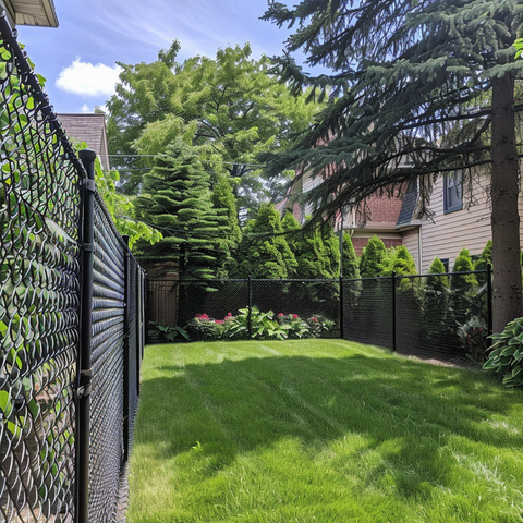 a backyard with a chain link fence