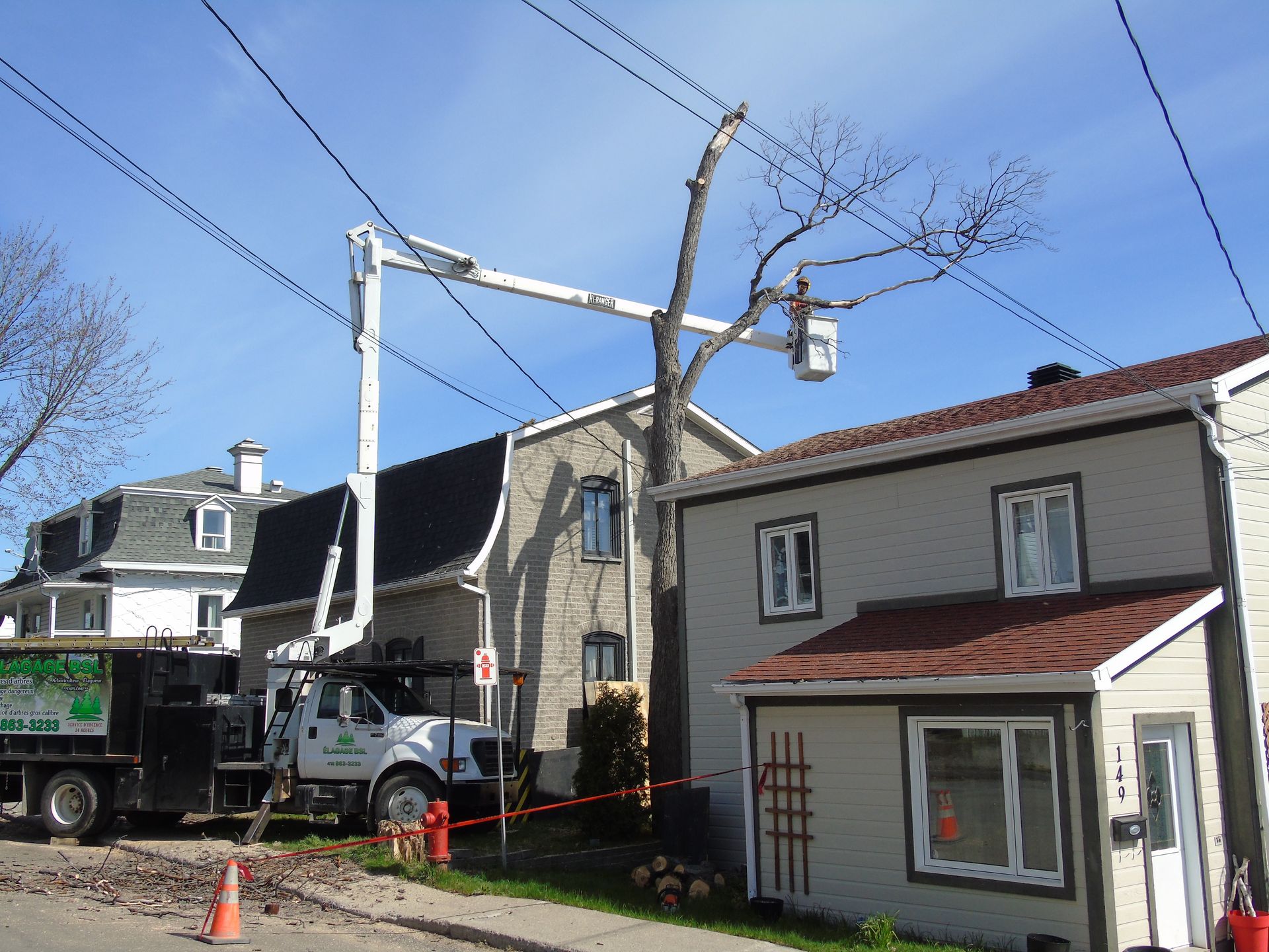 Élagage d'arbres à l'aide d'une nacelle élévatrice près des maisons. Des branches sont coupées.