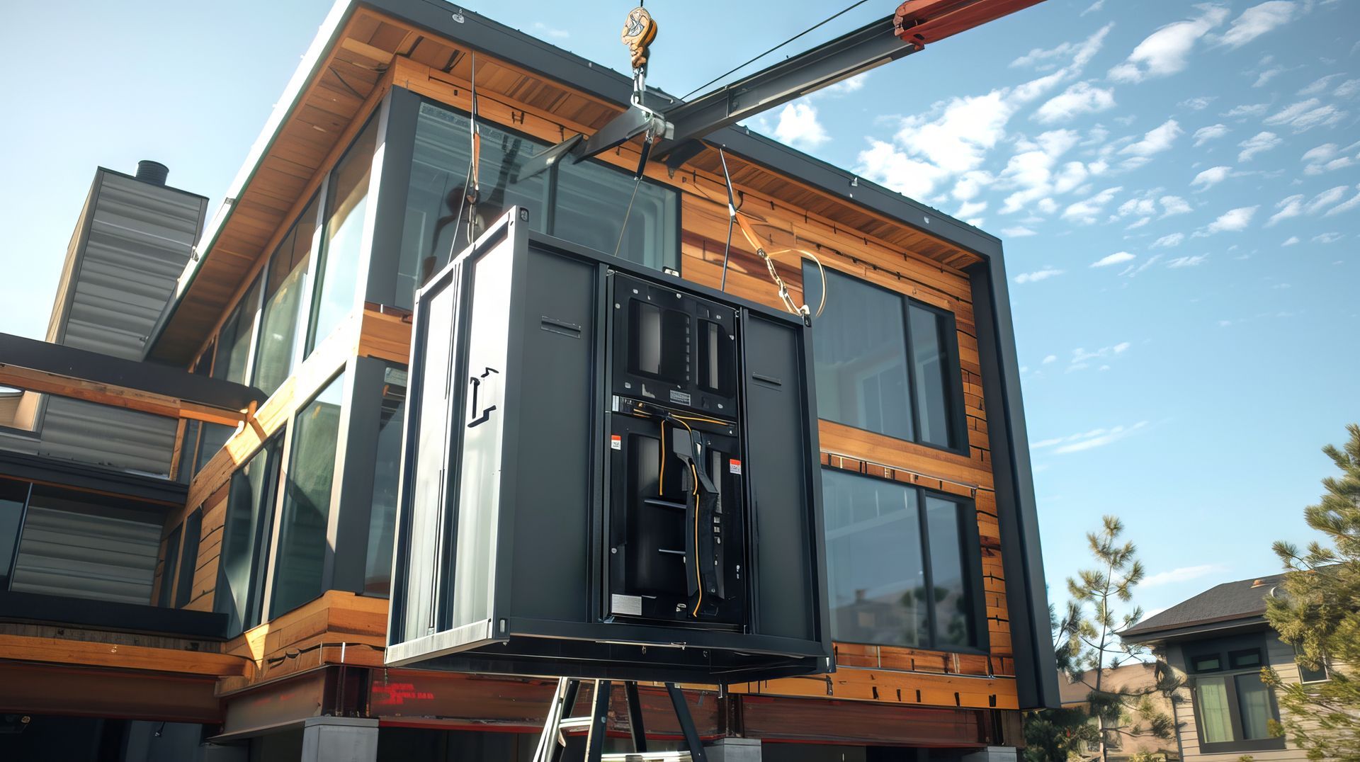 Crane lifting a pre-fabricated modular building block for installation at a modern construction site.