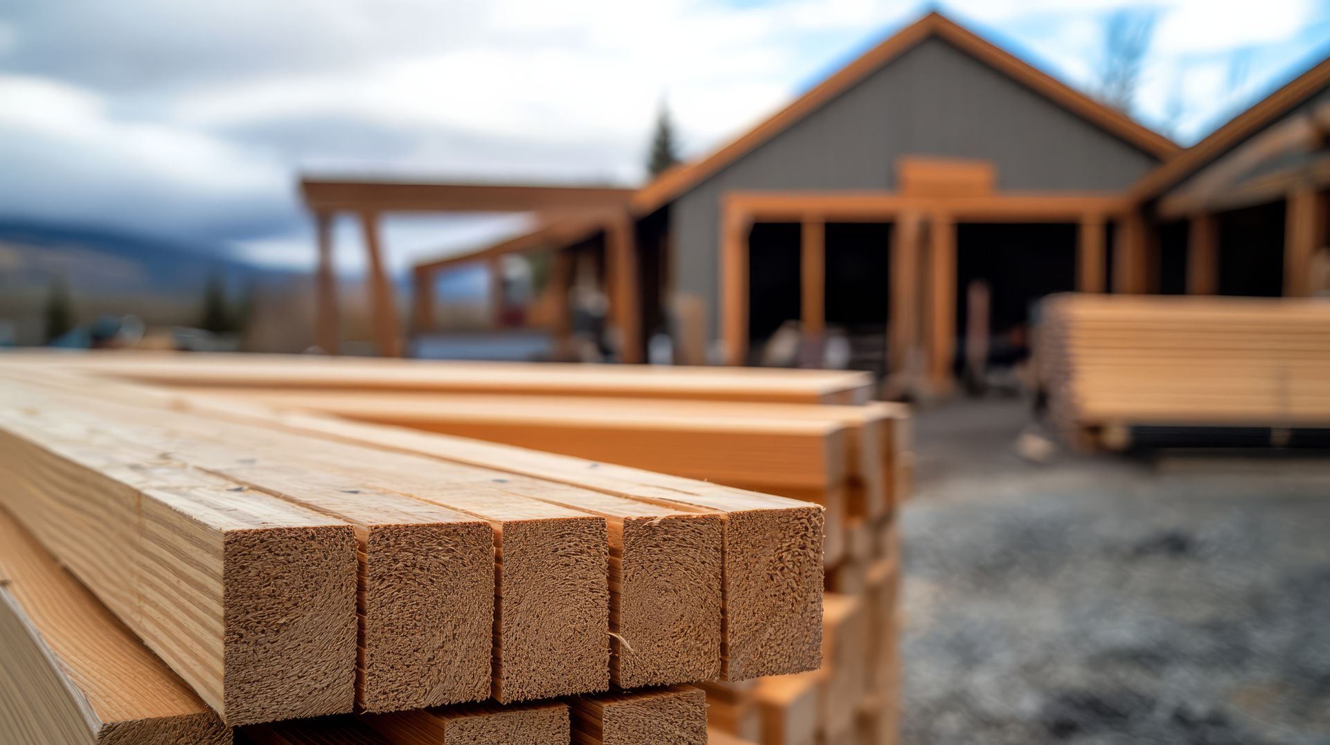 Lumber stacked at a construction site with a modern wooden house being built in the background. Lumber stacked at a construction site with a modern wooden house being built in the background.