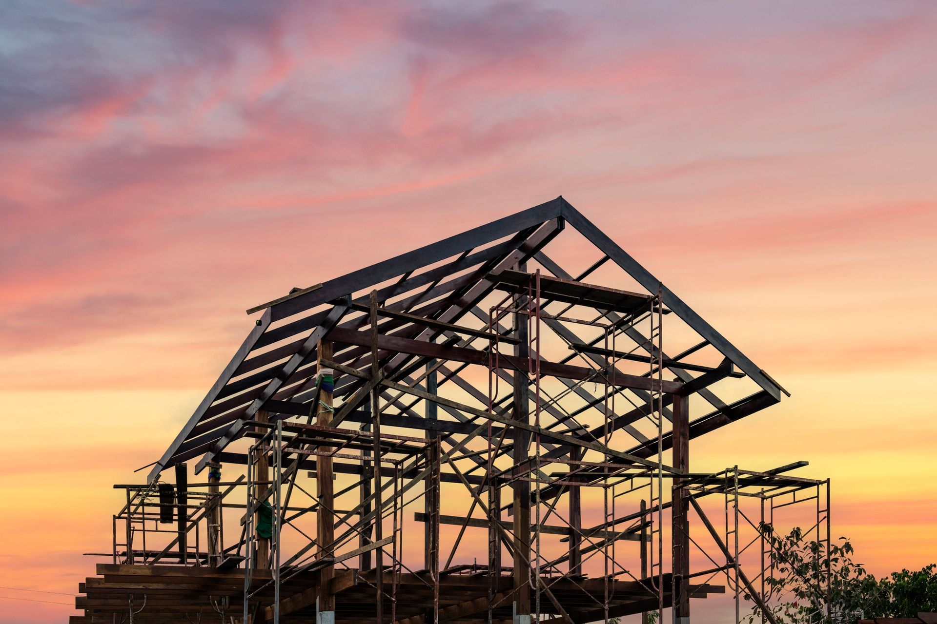 A wooden house frame construction.