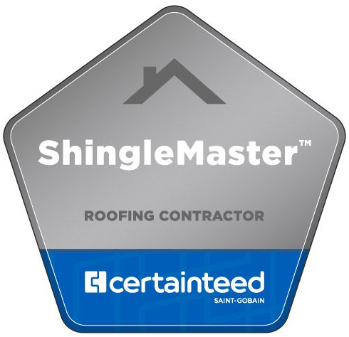 ShingleMaster Roofing Contractor badge from CertainTeed. Gray pentagon with blue bottom, roof icon, and text.