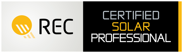 REC logo with "Certified Solar Professional" text. Black and white, with yellow accents.