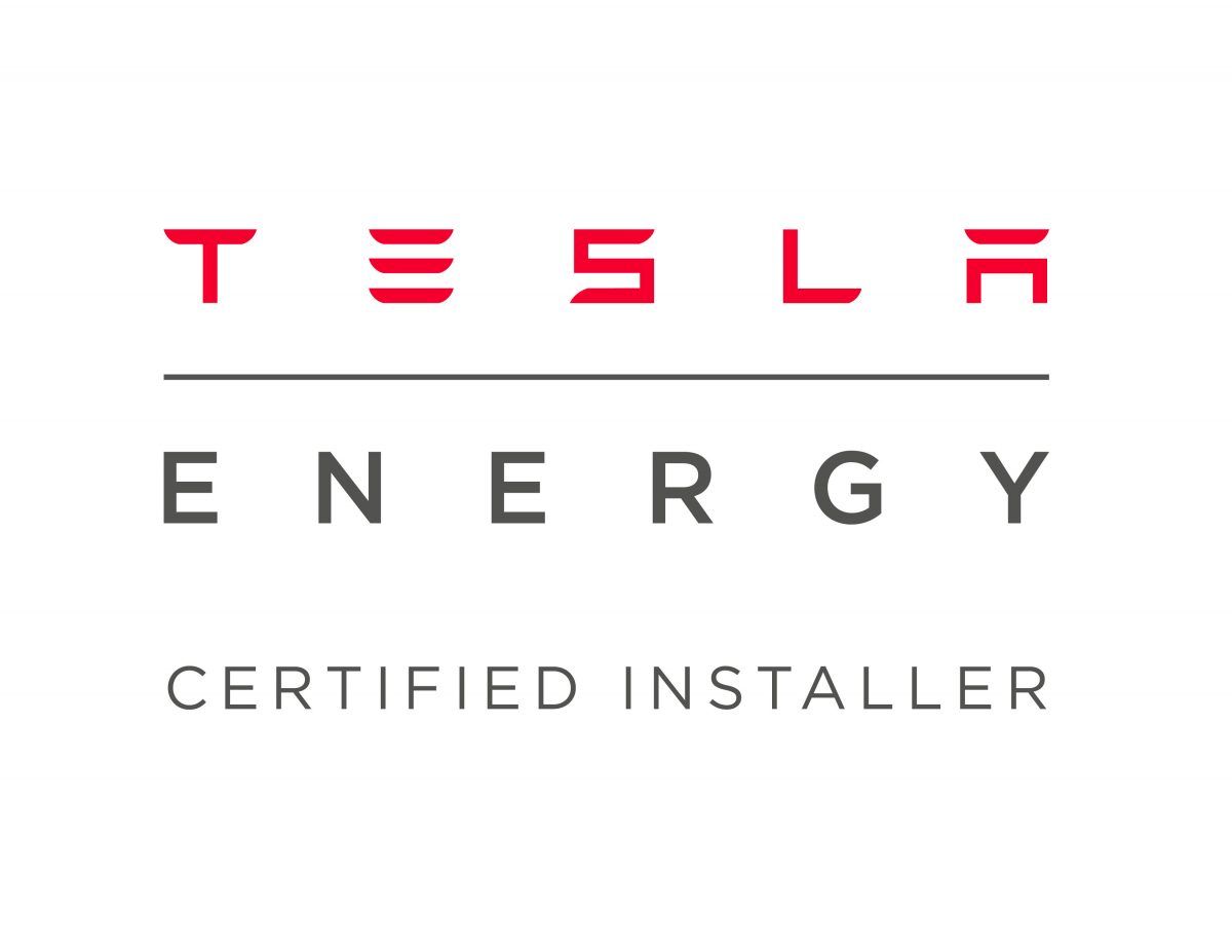 Tesla Energy Certified Installer logo: Red "TESLA" above "ENERGY" with a line and "CERTIFIED INSTALLER" below in gray.