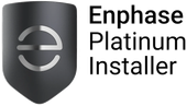 Enphase Platinum Installer badge: a dark shield shape with a silver "e" logo and the text "Enphase Platinum Installer."