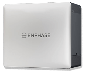 Enphase battery unit; white and dark gray; ENPHASE logo.