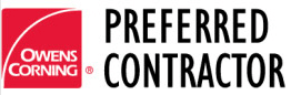 Owens Corning Preferred Contractor logo: red square with white arched line and text. 