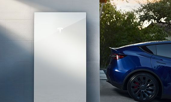 Blue Tesla parked beside a white wall, with trees and sunset light in the background