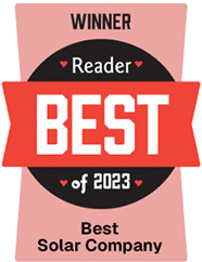 Winner Reader Best of 2023 award for Best Solar Company. Black, red, and pink badge.