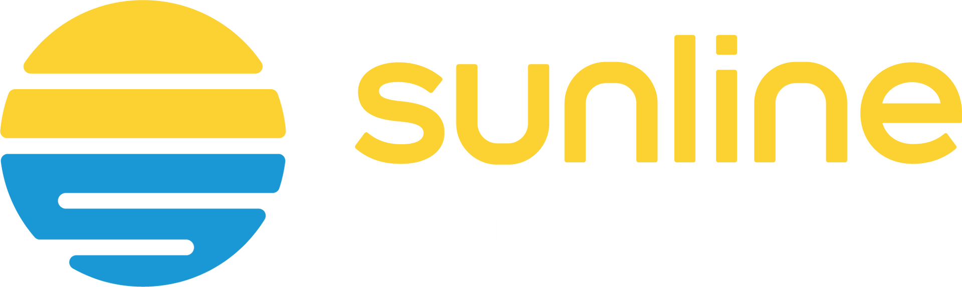 Sunline logo: Yellow and blue stylized sun with text 