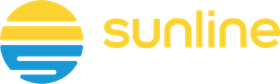Sunline logo: Yellow and blue stylized sun with text 