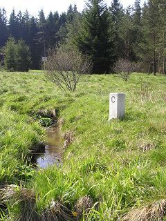 Ein Betonpfosten mit dem Buchstaben C steht mitten auf einer Wiese.